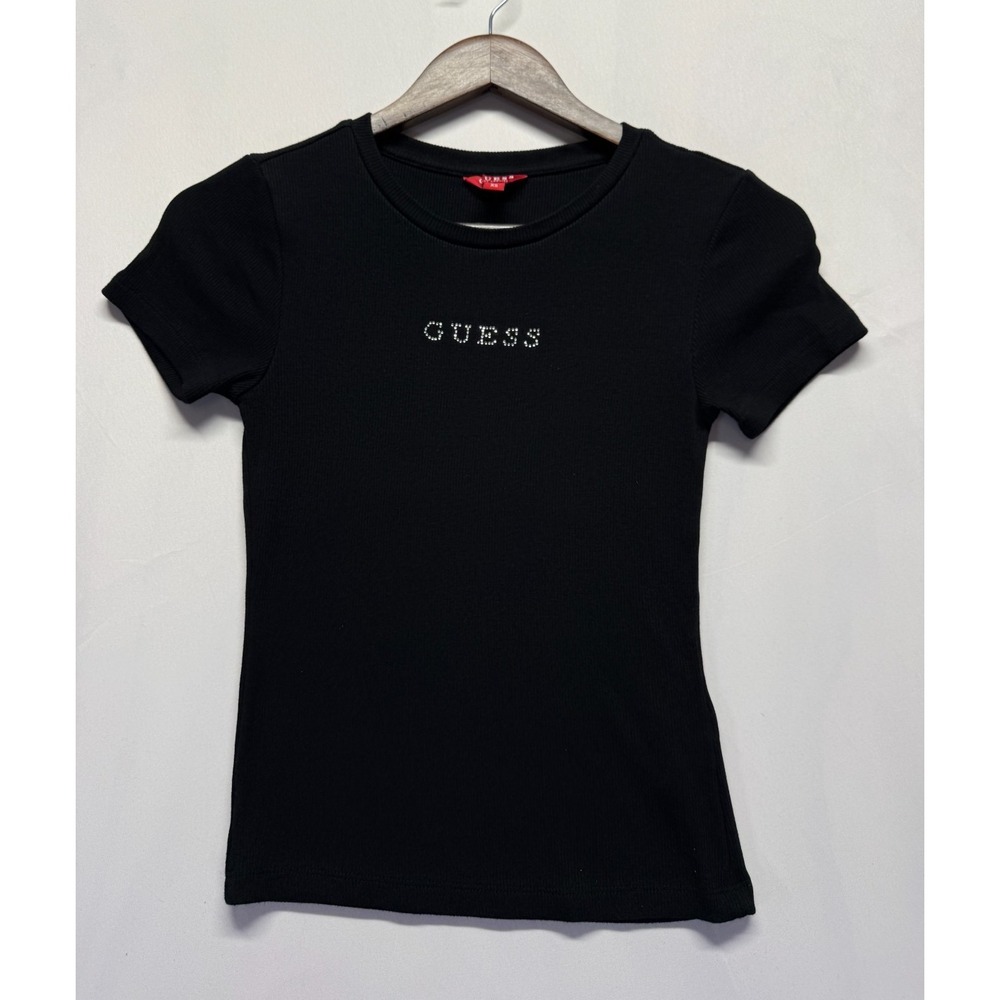 Guess T Shirt Womens XS Black Ribbed Knit Viscose Stretch Rhinestone Logo Casual